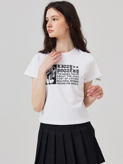 KITTY POTTERY Glam Graphic Cropped Short-Sleeved T-Shirt White