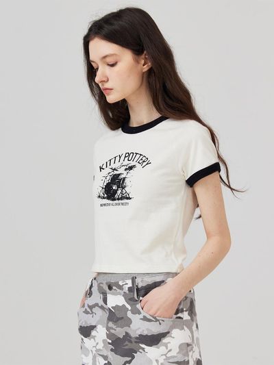 KITTY POTTERY Music Graphic Ringer Raglan Short Sleeve Tee beige