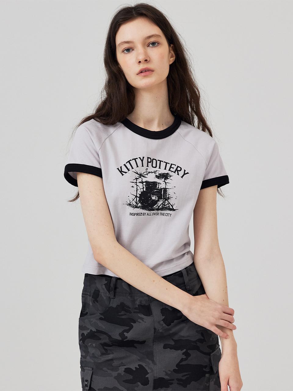 KITTY POTTERY Music Graphic Ringer Raglan Short Sleeve Tee Gray