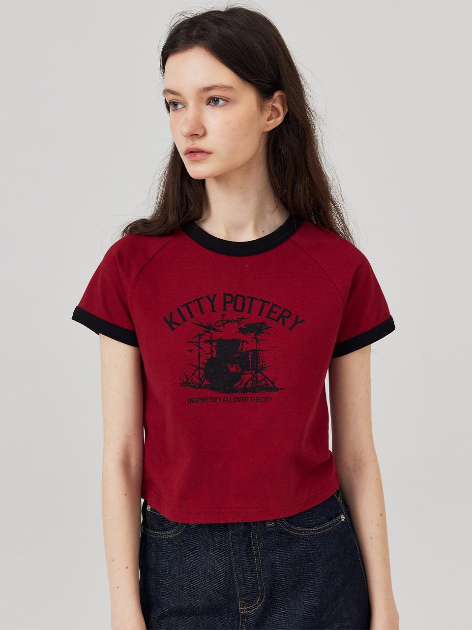 KITTY POTTERY Music Graphic Ringer Raglan Short Sleeve Tee Red