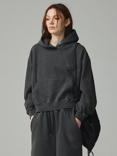 KITTY POTTERY Pigment Authentic Embroidered Crop Hoodie [Charcoal]