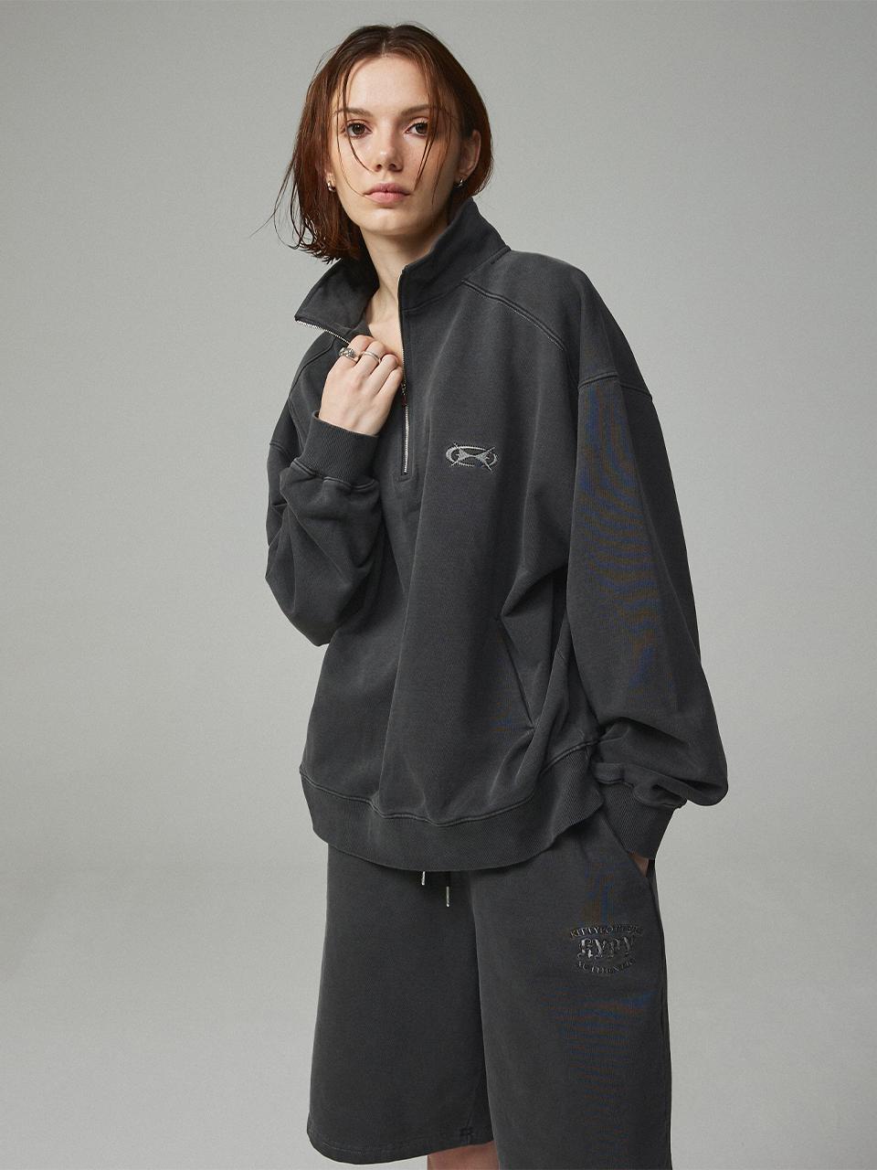 KITTY POTTERY Pigment Embroidered Anorak Zip-up Sweatshirt [Charcoal]