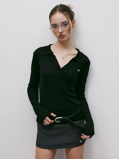 KITTY POTTERY Sheer Slim Collar T-Shirt (BLACK)