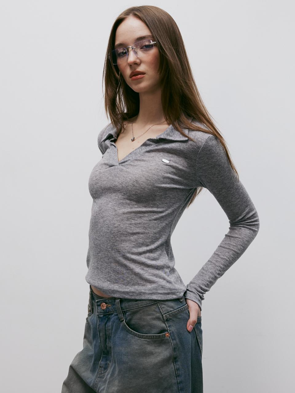 KITTY POTTERY Sheer Slim Collar T-Shirt [MELANGE GREY]