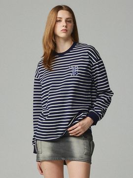 KITTY POTTERY Simple Logo Embroidered Stripe T-Shirt [Navy]
