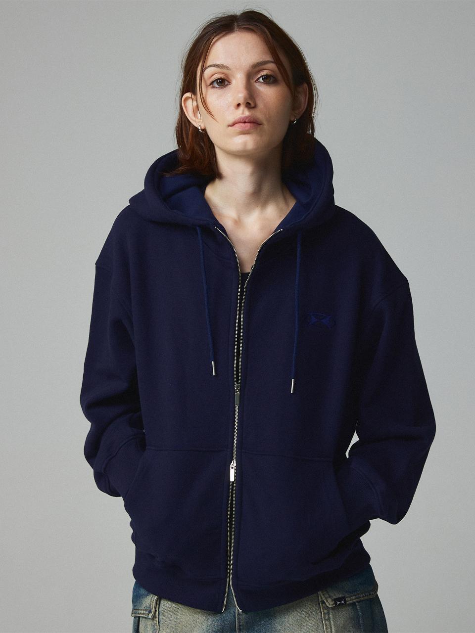 KITTY POTTERY Symbol Embroidered Two-way Cropped Zip-up Hoodie [Navy]