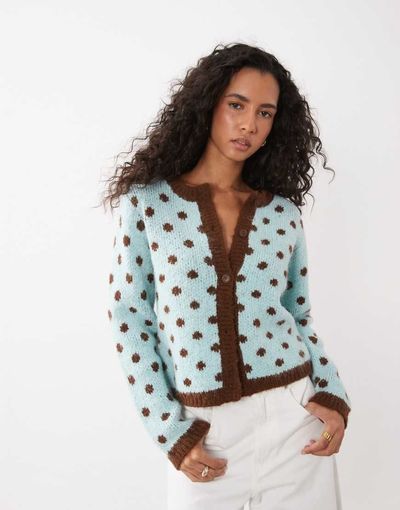 Kiwi & Co Kiwi & Co Dotty wool feel contrast trim cardigan in blue & chocolate polka dot