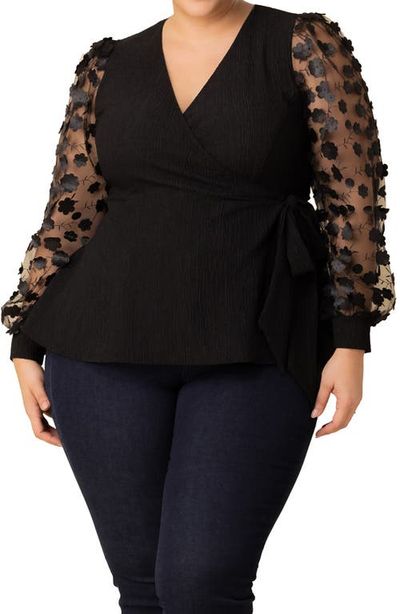 Kiyonna Kiyonna Scattered Petals 3D Sleeve Peplum Wrap Top