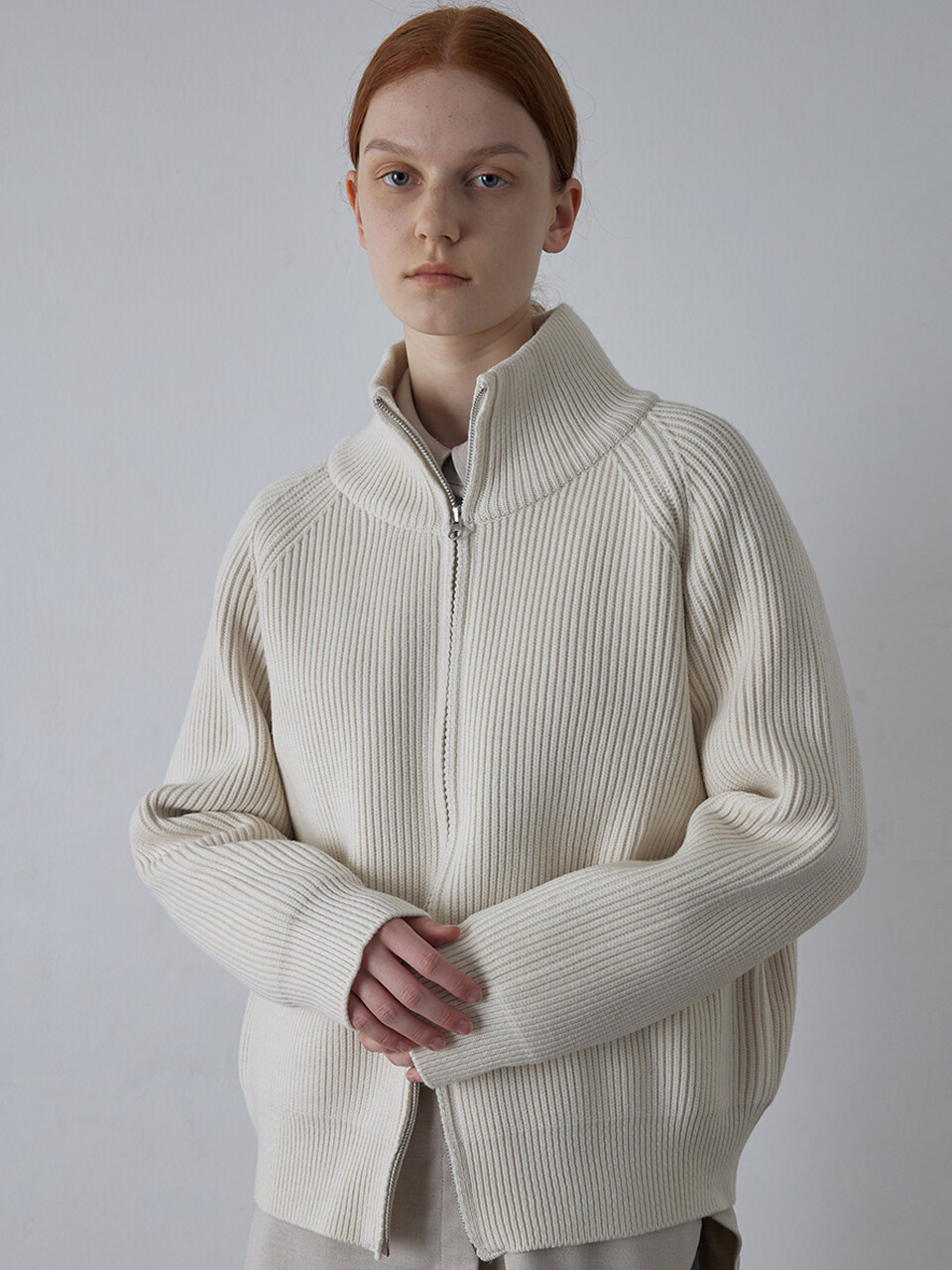 KNITLY Ribbed Zip-up Cardigan _ Cream
