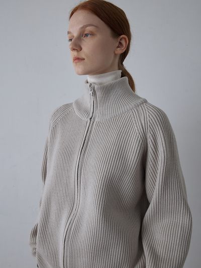 KNITLY Ribbed Zip-up Cardigan _ Light Grey