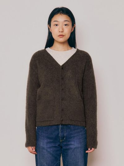 KNITLY [Women] Brushed Alpaca V-neck Cardigan (Deep Brown