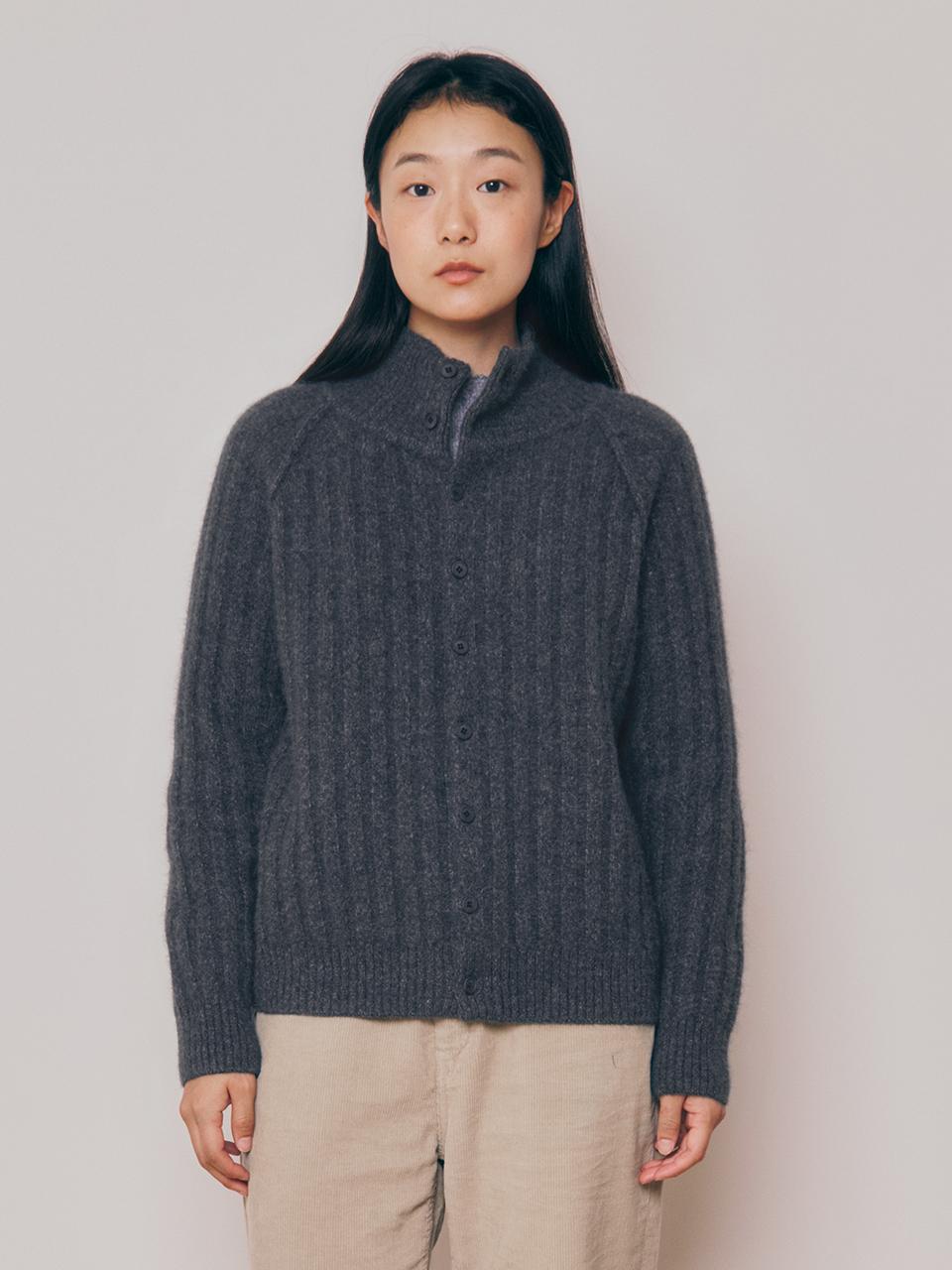 KNITLY [Women] High Neck Button Cardigan (Charcoal)