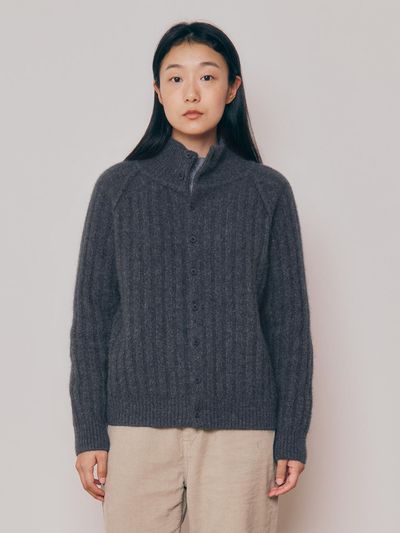 KNITLY [Women] High Neck Button Cardigan (Charcoal)