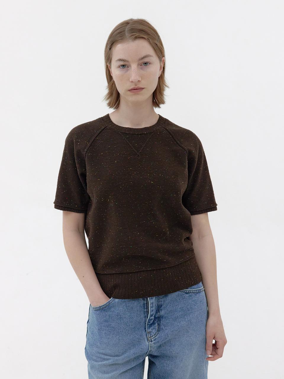 KNITLY [Women] Nep Knit Half Sweatshirt (Brown)