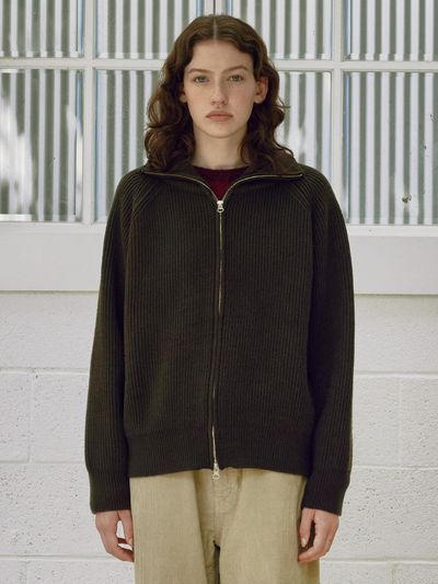 KNITLY [Women] Ribbed Zip-up Cardigan (Ash Brown)