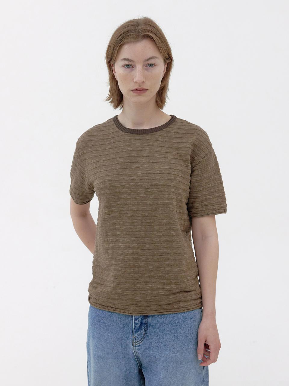 KNITLY [Women] Slub Stripe Knit T-shirt (Khaki)
