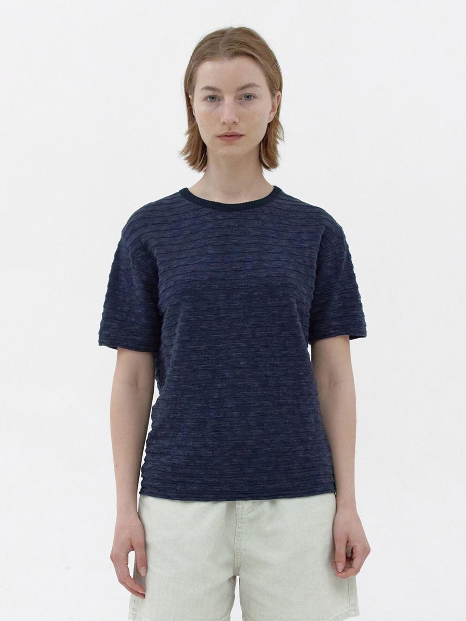 KNITLY [Women] Slub Stripe Knit T-shirt (Navy)