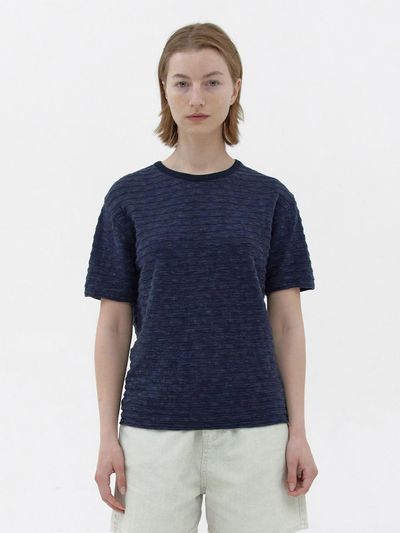 KNITLY [Women] Slub Stripe Knit T-shirt (Navy)
