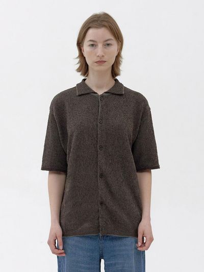KNITLY [Women] Textured Paper Half Shirt (Khaki/Brown)