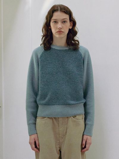 KNITLY [Women] Wool Cotton Stripe Sweater (Lake Blue)