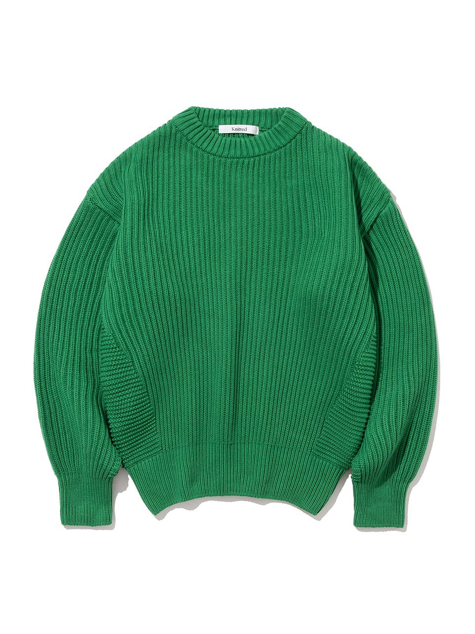 KNITTED Cotton Minimal Round Neck Knit [GREEN]