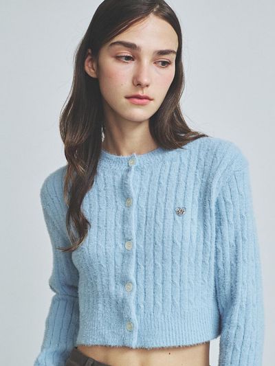 KNITTED Hairy Cable Crop Cardigan [SKY]