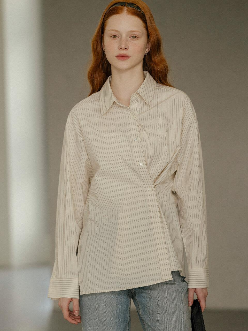 KNOWN BETTER 2-Way Loose Fit Stripe Shirt [Beige]