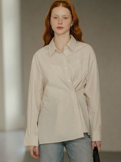 KNOWN BETTER 2-Way Loose Fit Stripe Shirt [Beige]