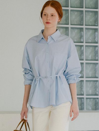 KNOWN BETTER Belt Pointed Snap Button Loose Fit Shirt [Blue]