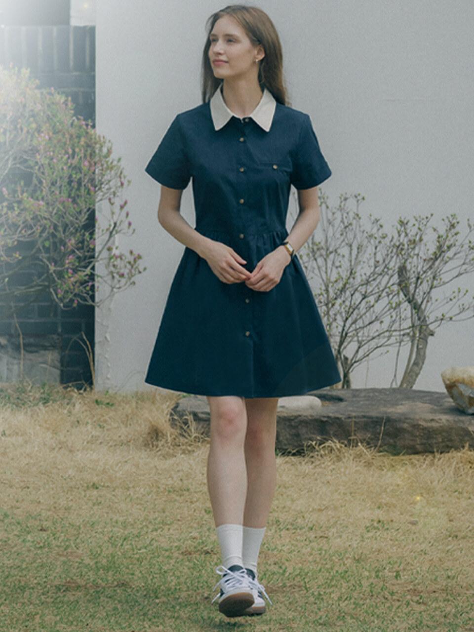 KNOWN BETTER Casual Roll Up Shirt Mini Dress - Navy