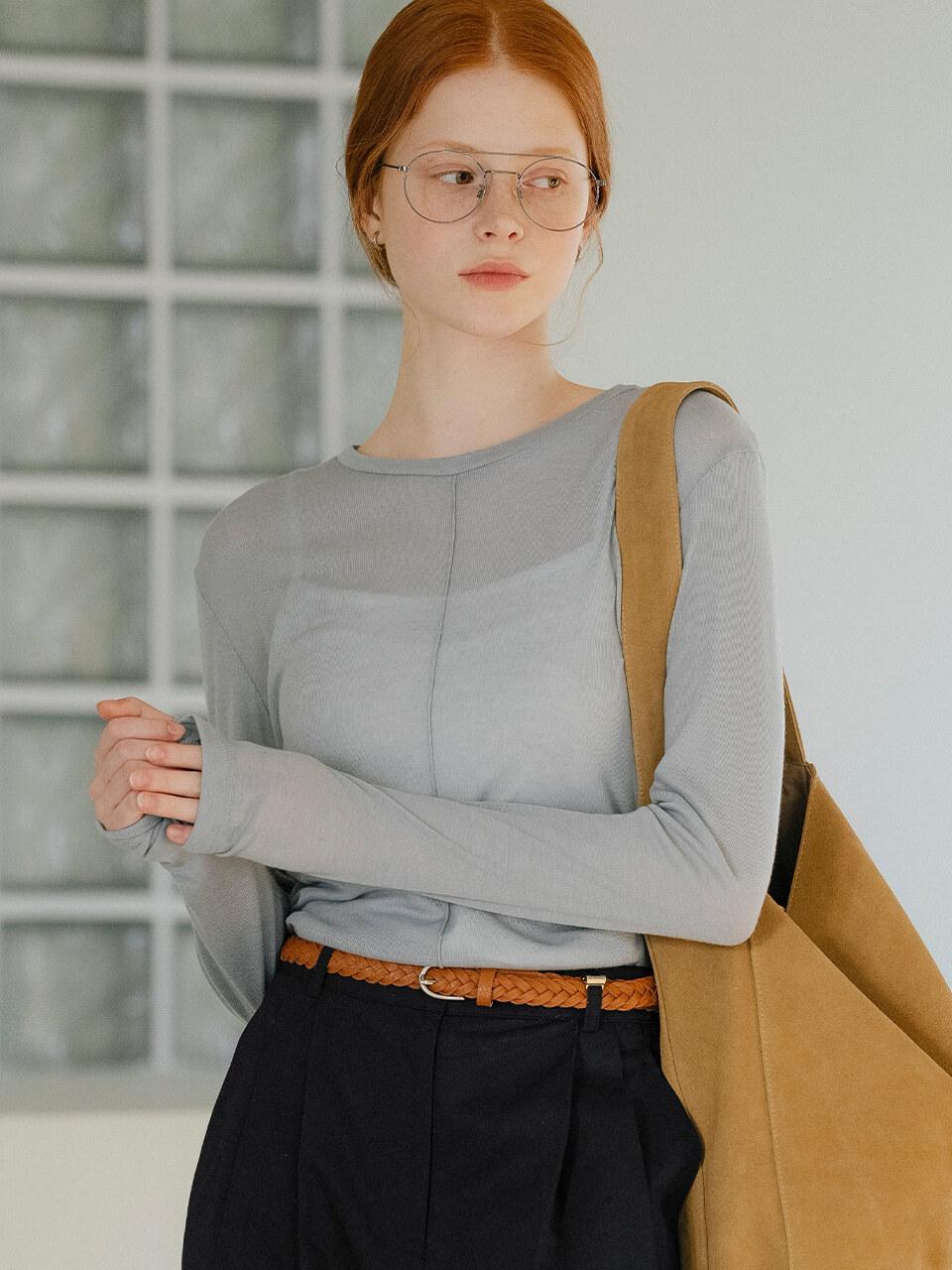 KNOWN BETTER Front Slit Soft Tencel Long Sleeve T-shirt [Blue]