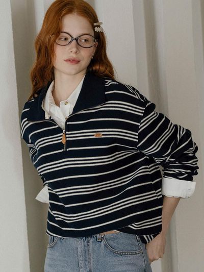 KNOWN BETTER High-neck Zip-up Stripe Cotton T-shirt [Navy]