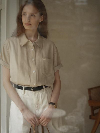 KNOWN BETTER Stitch Pocket Half Sleeve Shirt - Beige