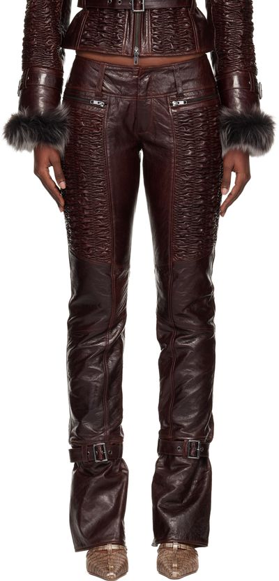 KNWLS KNWLS Brown Smocked Straight Leg Leather Trousers