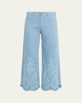 Kobi Halperin Marigold Embroidered Washed Denim Wide-Leg Pants