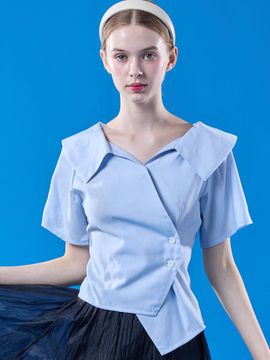 KOLEAT Airy Cooling Midi Wrap Off-Shoulder Slim Short-Sleeve Shirt [Baby Blue]