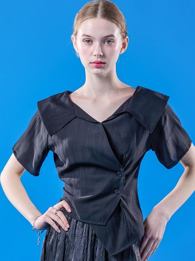KOLEAT Airy Cooling Midi Wrap Off-Shoulder Slim Short-Sleeve Shirt [Black]