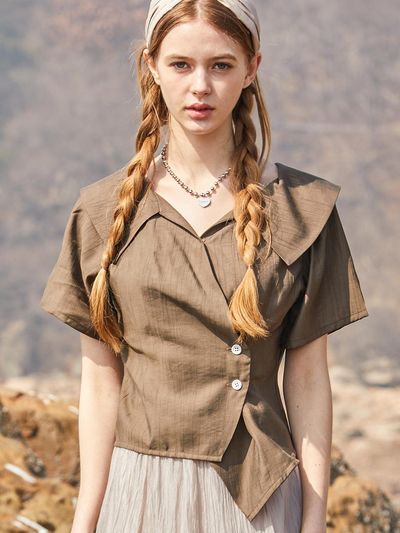 KOLEAT Airy Cooling Midi Wrap Off-Shoulder Slim Short-Sleeve Shirt [Khaki]
