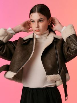KOLEAT [Belt Detachable]Crack Cropped Shearling Jacket