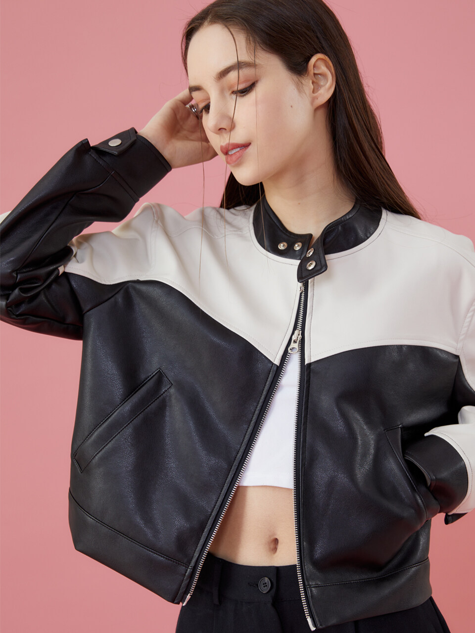 KOLEAT Crop-Overfit Mild Leather Rider Jacket