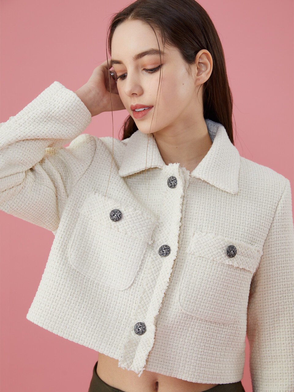 KOLEAT Crop Fit Rose Tweed Jacket