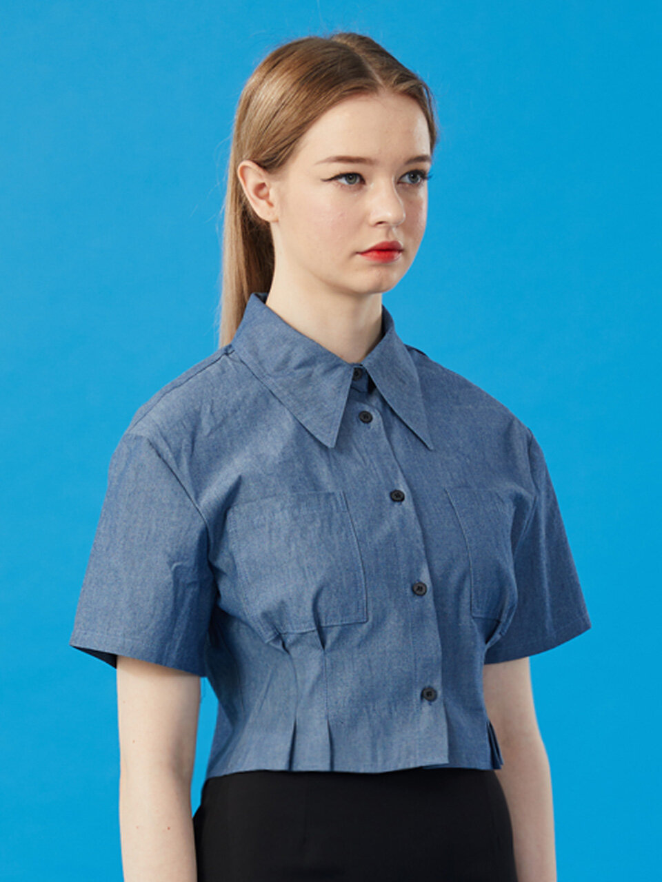 KOLEAT Croped Slim Blue Short Sleeve Shirt