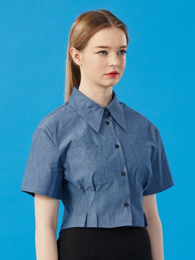 KOLEAT Croped Slim Blue Short Sleeve Shirt
