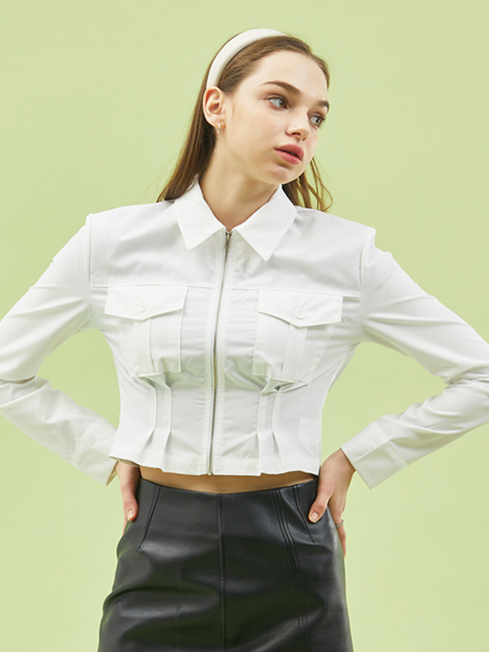 KOLEAT Croped Slim Zipper White Shirt