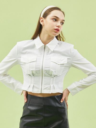 KOLEAT Croped Slim Zipper White Shirt