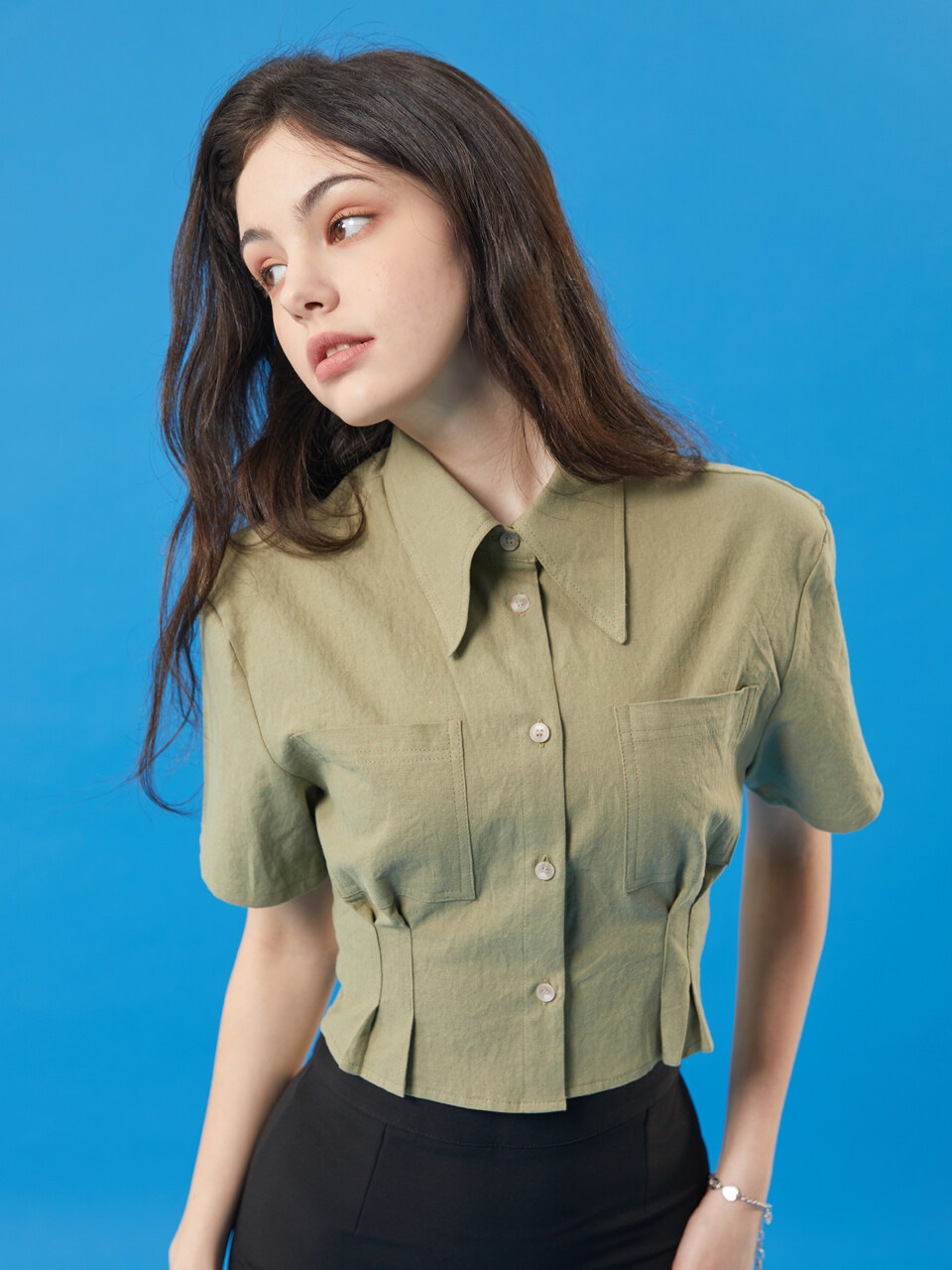 KOLEAT Linen Cropped Short-sleeve Shirt_Green