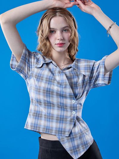 KOLEAT Midi Crop Wrap Off-shoulder Check Slim Short-sleeve Shirt [Pale Blue]