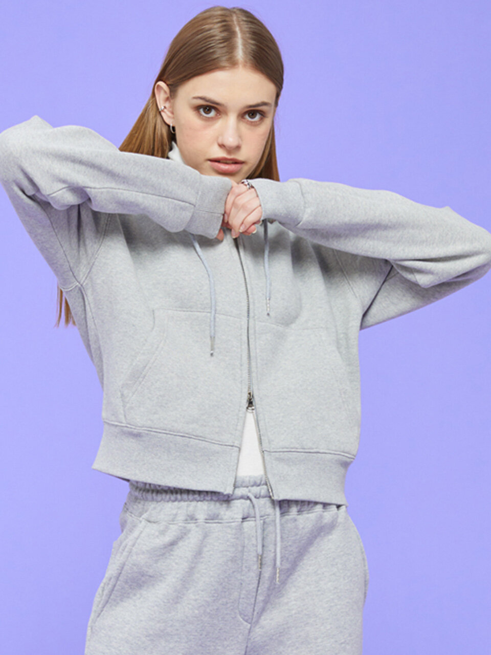 KOLEAT [Napping Lining] Crop Two-Way Zip-Up Hoodie_Grey