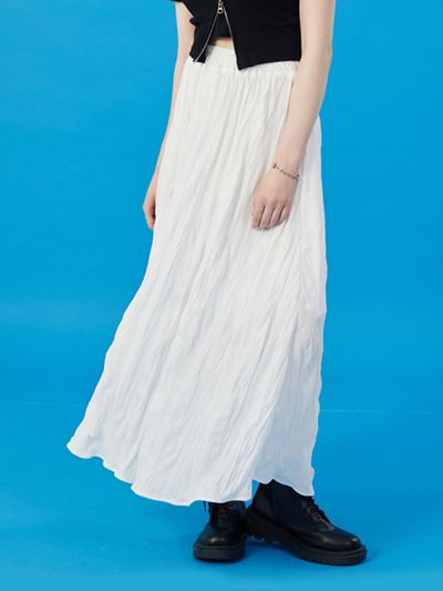 KOLEAT Natural Pleats Flare White Long Skirt