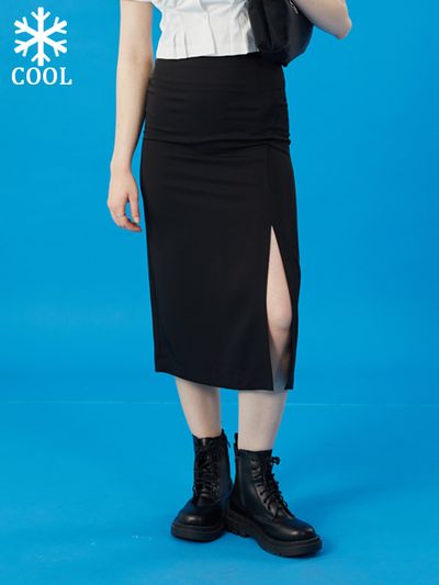 KOLEAT Slim Semi-Slit Black Long Skirt